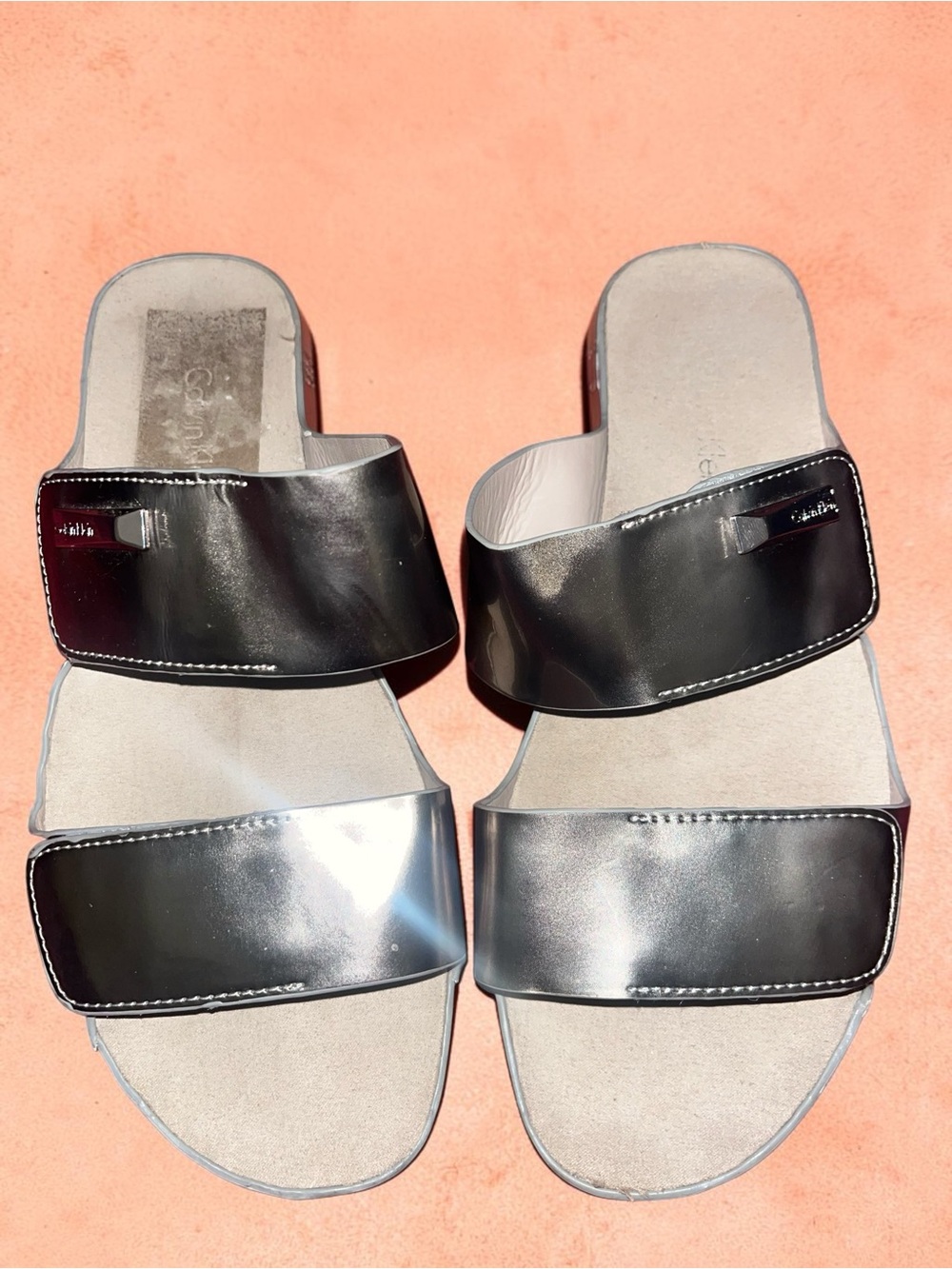 Calvin Klein silver Women's Slide Sandals - Classic Two-Band Design size 6